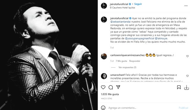 Dyango agradecido con sus seguidores y con el programa de imitación. Foto: Jayro Tafur/Instagram. Dyango agradecido con sus seguidores y con el programa de imitación. Foto: Jayro Tafur/Instagram.