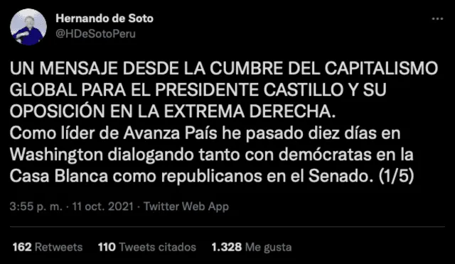 Tuits de Hernando de Soto luego de su reunión con Ted Cruz. Fuente: Twitter.