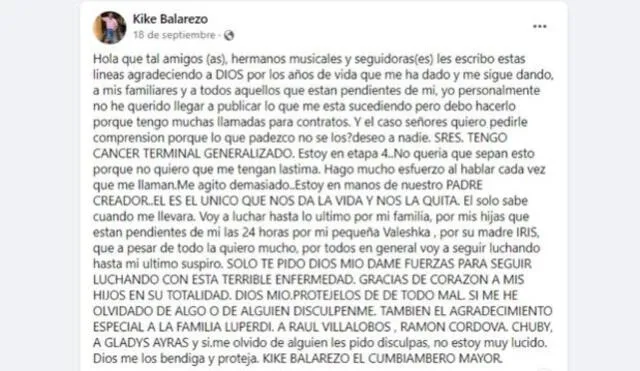 Kike Balarezo publicó en redes sociales que fue diagnosticado con cáncer. Foto: captura de Facebook/Kike Balarezo