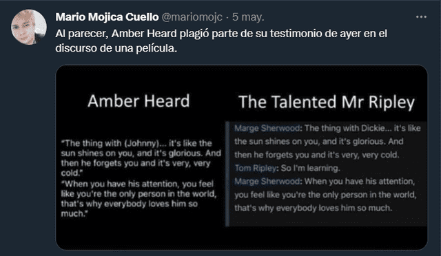 Usuario de Twitter confirma que Amber Heard habría usado el diálogo de "The talented Mr. Ripley" en su testimonio. Foto: Twitter captura