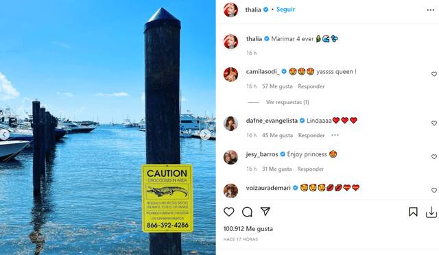 Thalía paseó en zona peligrosa en el mar. Foto: Thalía/Instagram.