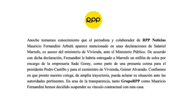 Comunicado de RPP tras acusaciones contra Mauricio Fernandini. Foto: RPP