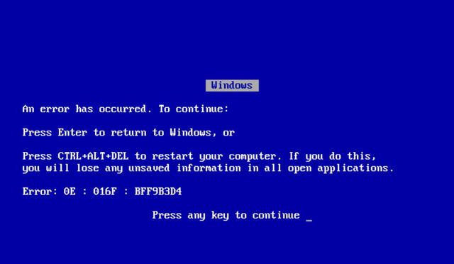 'Pantalla azul de la muerte' en Windows 95 (muy similar a Windows 98). Foto: Captura