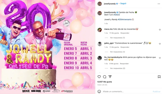 Los reconocidos cantantes Jowell y Randy ofrecerán sus conciertos como celebración de sus 20 años de carrera. Foto: Captura / Instagram