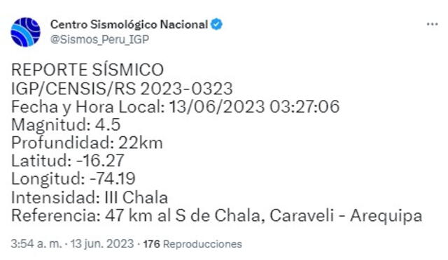 Datos del sismo en Arequipa. Foto: Centro Sismológico Nacional   