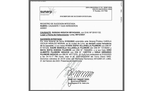 Declaratoria de herederos de Susana Higuchi. Foto: H13   