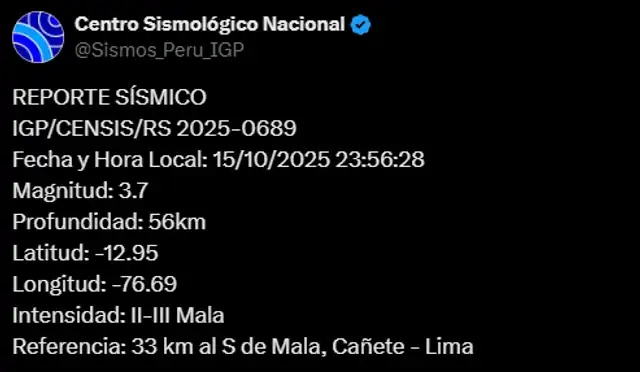  Sismo de magnitud de 3,7 sacude Lima. Foto: IGP   