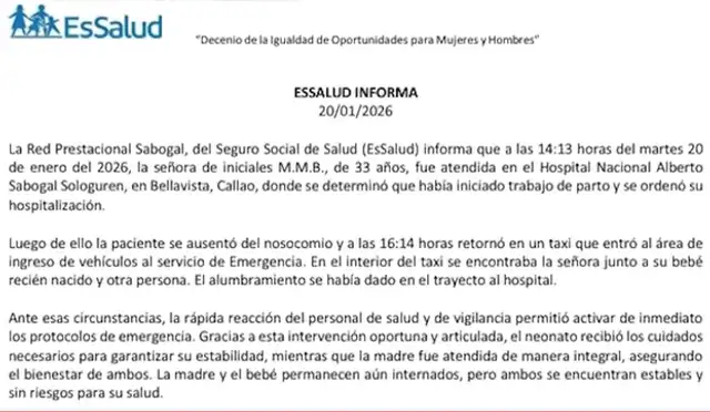 EsSalud activa protocolos de emergencia tras parto en estacionamiento de hospital.   