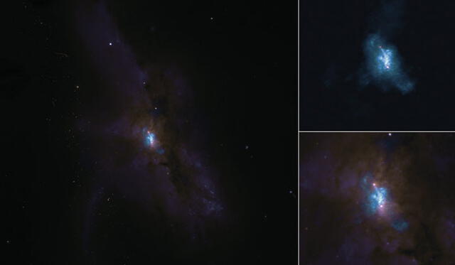 Vista lejana de la región. Imagen ampliada de arriba, observación desde ALMA. Imagen de abajo, toma del Telescopio Hubble. Créditos: ESO/NAOJ/NRAO/NASA.