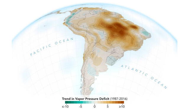 Esta imagen muestra la disminución de la humedad en el aire sobre la selva amazónica, sobre todo en el sur y sureste de la región, durante los meses de la estación seca (de agosto a octubre, de 1987 a 2016). Crédito: NASA.