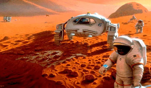 Ilustración de humanos en Marte. Crédito: NASA.