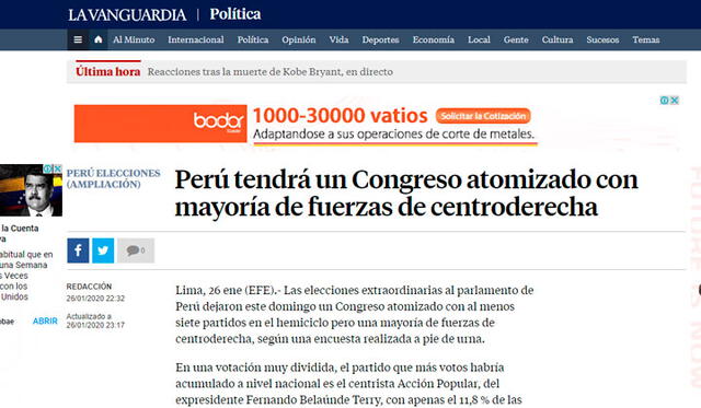 La Vanguardia (España) fue uno de los medios internacionales que informó los resultados de las Elecciones congresales 2020.
