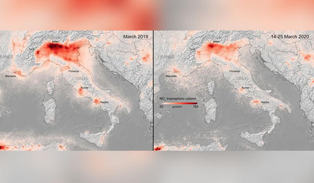 Reducción de la contaminación en Italia, el país más afectado por la pandemia. Crédito: ESA.