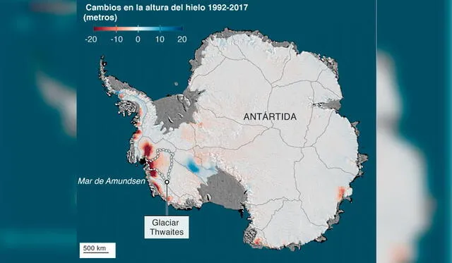 Ubicación de la Antártida del glarciar Thwaites. La imagen muestra también los cambios en la altura del hielo en las últimas décadas. Crédito: BBC.