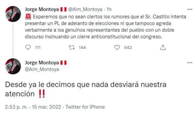 Jorge Montoya se mostró en contra ante un posible proyecto de adelanto de elecciones. Foto: Captura Twitter.
