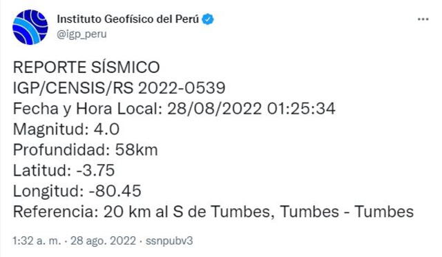 Datos del sismo en Tumbes. Foto: IGP