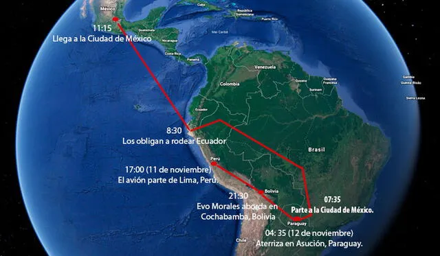 El avión llegó primero a Lima, luego recogió a Evo en Cochabamba (Bolivia). Tras llegar a Asunción en horas de la madrugada, partió a Ciudad de México a las 07:35. Finalmente, arribó a su destino a las 11:15. Mapa: La República / Google Earth.