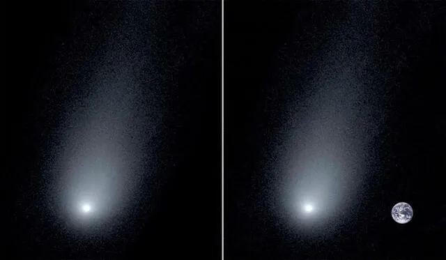Los astrónomos de Yale revelaron dos imágenes: una del cometa solo y otra comparando el tamaño de su cola con la Tierra.