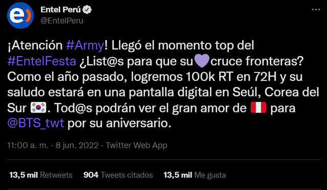 BTS Entel aniversario debut ARMY Twitter