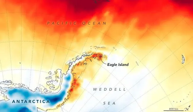 Mapa de calor que muestra las altas temperaturas en la Península Antártica, el 9 de febrero de 2020. Imagen: NASA.