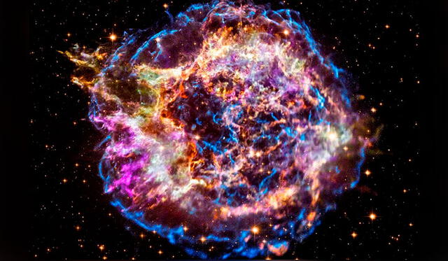 Imagen en rayos X de la supernova Casiopeia, que muestra los escombros de la estrella explotada en una nube en expansión. Crédito: NASA.