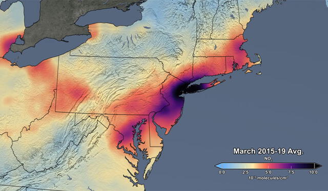 Mediciones de NO2 en marzo del 2015 al 2019. Crédito: NASA.