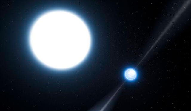 Ilustración de un púlsar (derecha) y en órbita con una enana blanca (izquierda). Crédito: ESO.