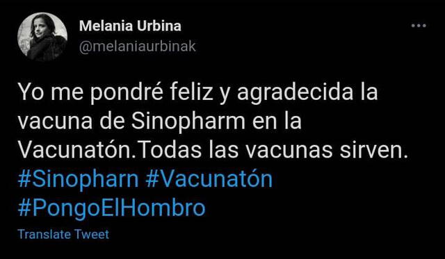 Melania Urbina asegura que se vacunará con la dosis de Sinopharm. Foto: Melania Urbina/Twitter