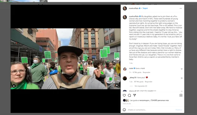 Mark Ruffalo comparte una serie de videos en Instagram a favor del aborto. Foto: captura de Instagram