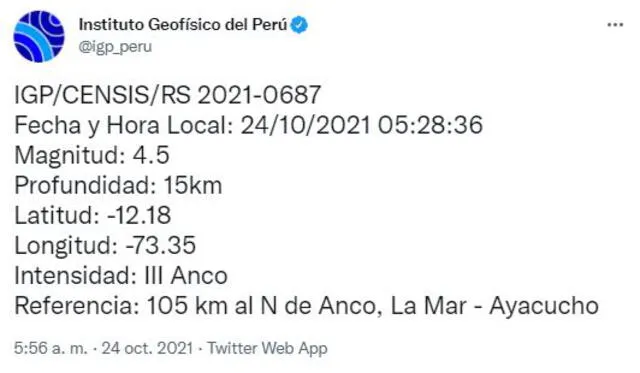 Datos del sismo en Ayacucho. Foto: Twitter @igp_peru