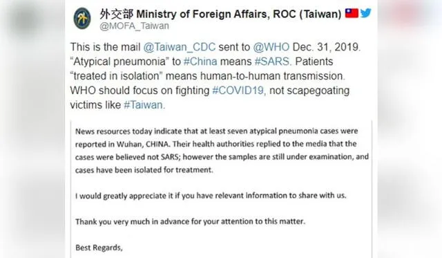 Publicación del correo por el Ministro de Relaciones Exteriores de Taiwan.