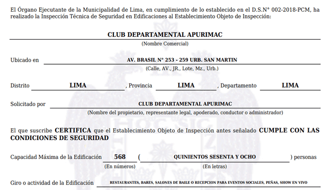 Certificado de seguridad del Club Apurímac. Foto: documento
