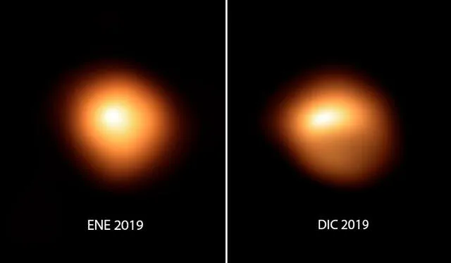 La superficie de la estrella vista en enero del 2019 (izquierda) y diciembre de 2019 (derecha). Crédito: ESO.