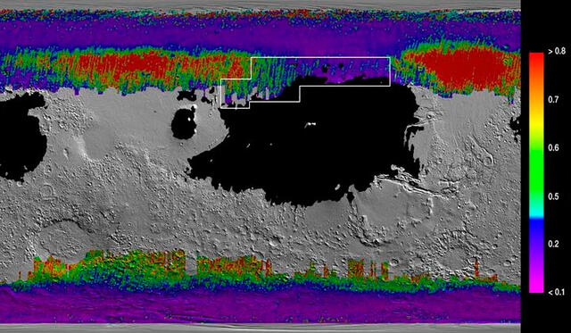 El mapa se realizó sobre una región de latitud media en Marte. El hielo de agua se encuentra mayormente a 1 pulgada (2,5 centímetros) de profundidad. Crédito: NASA.