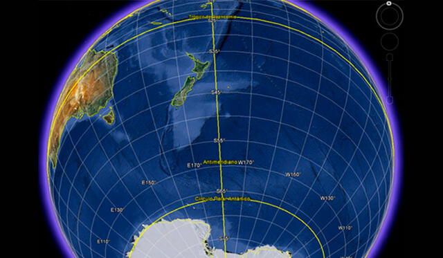 La Línea internacional de cambio de fecha, también conocida como Antimeridiano, se ubica en el Océano Pacífico, separando a las islas de Oceanía y a la costa de Asia de la costa oeste de EE. UU. Imagen: Google Earth.