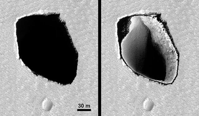 Comparación entre el agujero observado a simple vista (derecha) y examinado con la cámara de alta resolución. Fotos: NASA.