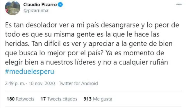 Claudio Pizarro se pronunció sobre lo que viene sucediendo en el Perú. Foto: captura Twitter