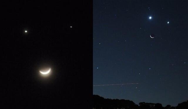 Conjunción de la Luna, Venus y Júpiter registrada en Malasia y Nepal, en 2008. Fotos:  Muktasyaf AnNamir / Hugo Wg.
