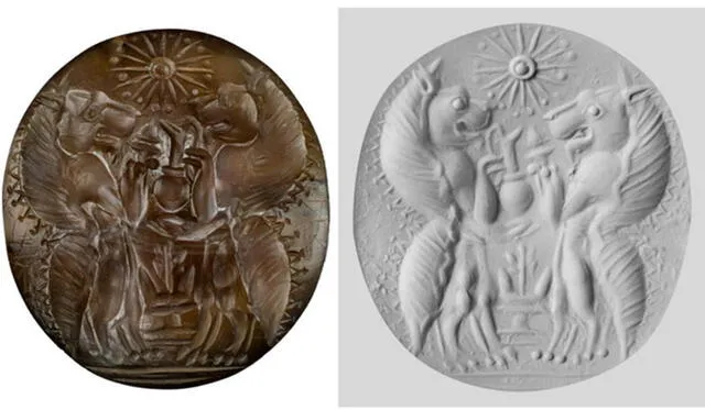 Sello grabado en la piedra y una impresión de masilla de mismo (izquierda) que hicieron los arqueólogos para observar mejor los detalles. Fotos: Universidad de Cicinnatti.