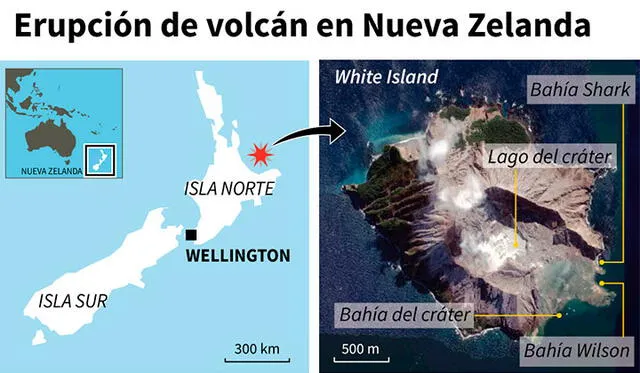Erupción del volcán White Island. Fuente: AFP.