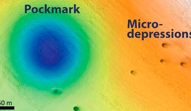 Mapa del fondo marino que muestra una de las marcas de viruela (Pockmark), rodeada de varias microdepresiones, visiblemente mucho más pequeñas. Crédito: MBARI