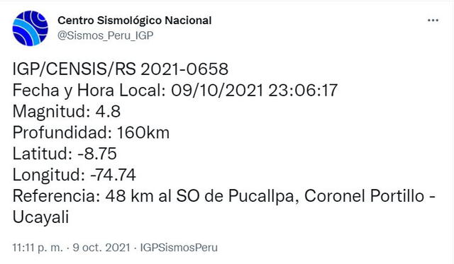Datos del sismo en Ucayali. Foto: Twitter