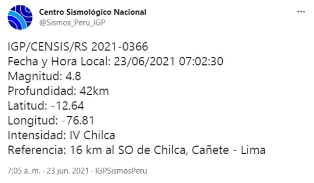 Datos del sismo. Foto: captura de Twitter