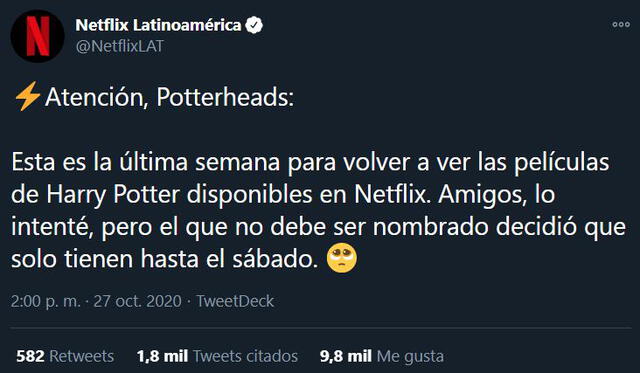 Harry Potter se aleja de Netflix y servicio manda aviso a los fans. Foto: Captura Twitter de Netflix
