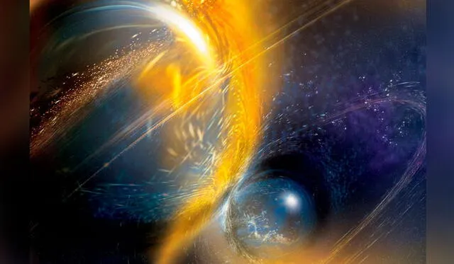 Representación de la fusión de dos estrellas de neutrones detectada por el instrumento LIGO.
