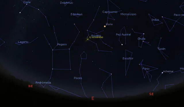 Radiante de las Eta Acuáridas en el cielo de Lima, a las 4.30 a.m. del 6 de mayo. Fuente: Stellarium.