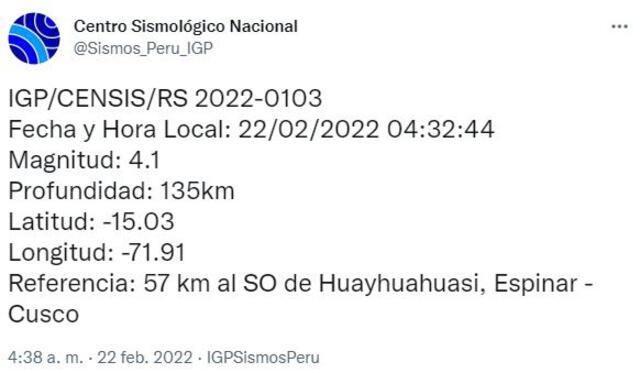 Datos del sismo en Cusco. Foto: captura IGP