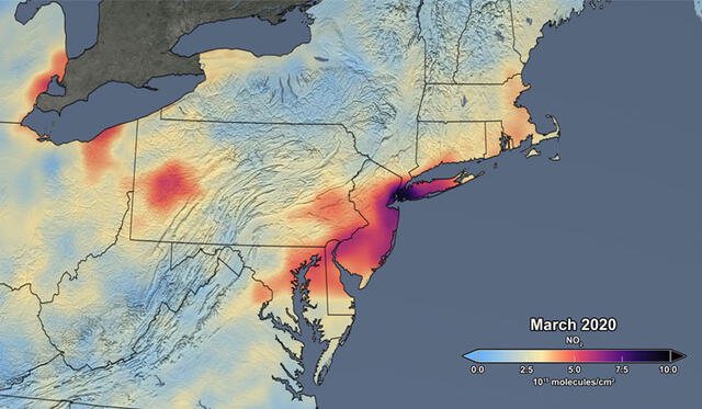 Mediciones de NO2 en marzo de 2020. Crédito: NASA.
