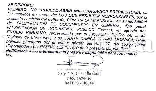 Archivan denuncia de supuesta firma falsa en Elecciones 2021. Foto: documento