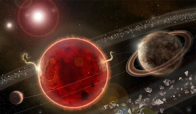 Los dos planetas, la supertierra y el mundo del tamaño de la Tierra, orbitan a la enana roja Próxima Centauri. Al fondo, las otras dos estrellas de la constelación. Crédito: Lorenzo Santinelli.